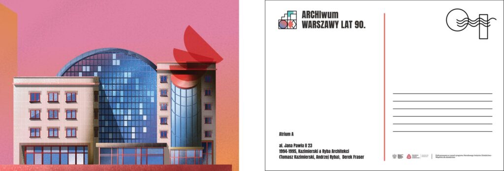 Awers i rewers pocztówki z grafiką Adama Kosika przedstawiającą Atrium A. Jedna z nagród w konkursie. 